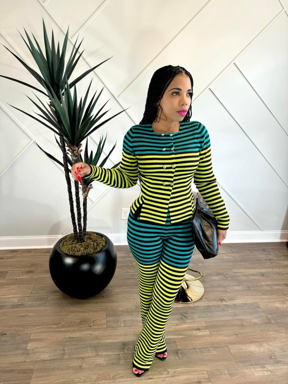 Striped Two-Piece Knit Set - Yellow & Teal
